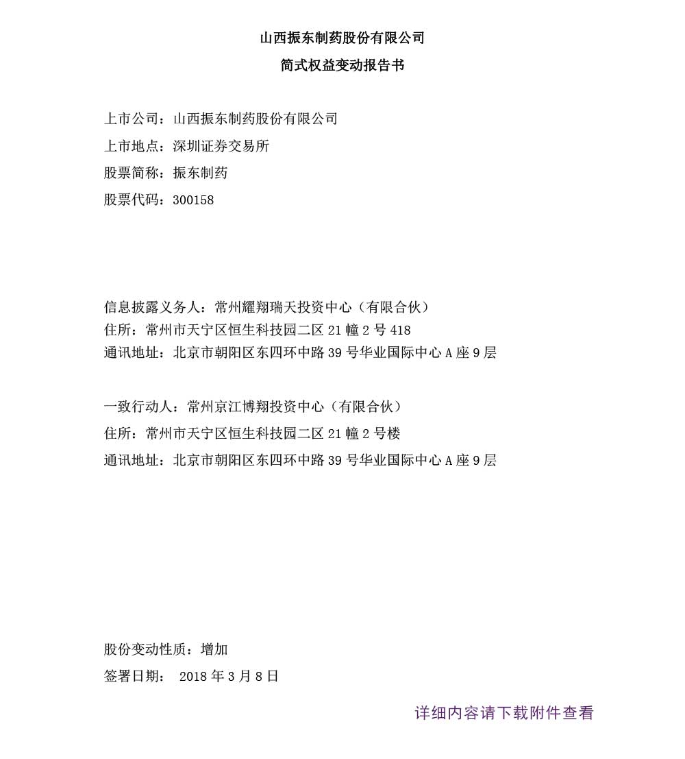 一定发制药,一定发,300158,权益变动报告书
