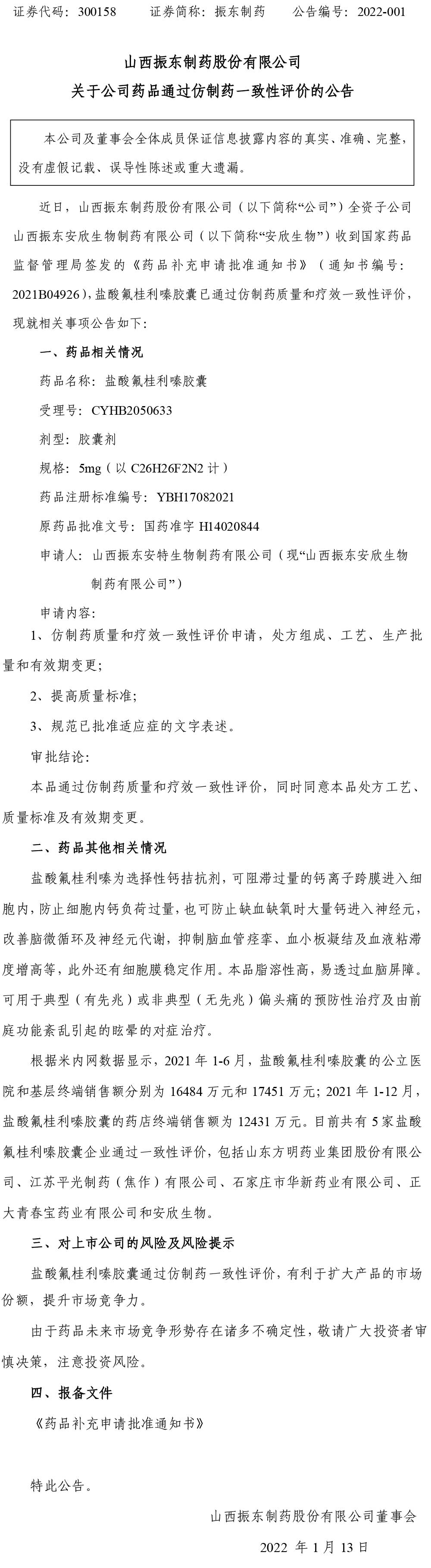 一定发制药,一定发,300158,仿制药一致性评价,药品通过仿制药一致性评价