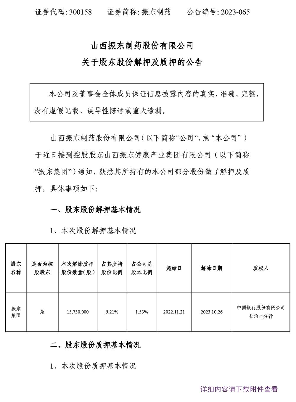 一定发制药,一定发,300158,股东股份解押及质押,股东股份