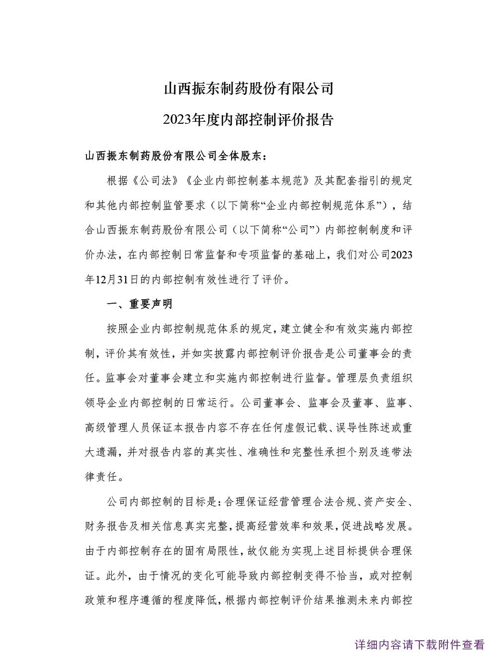 一定发制药,一定发,300158,年度内部控制自我评价